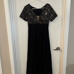 Black Sequin V-Neck Evening Dress